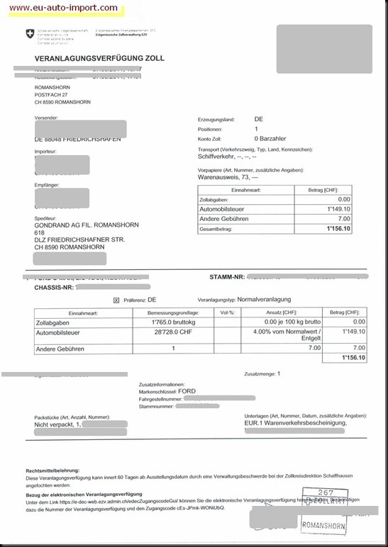 EU-Auto-Direktimport-Ford-S-Max-CH-Veranlagungsverfuegung-Zoll