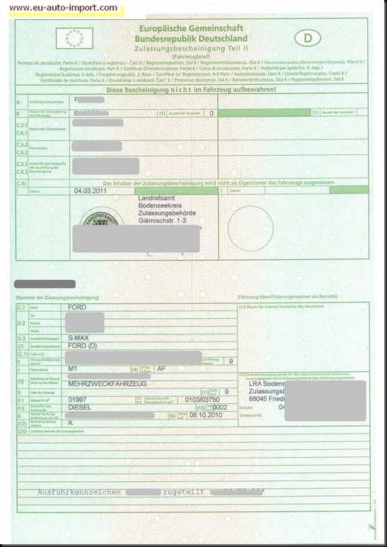 Deutscher Fahrzeugbrief Teil 1 Und 2 Mit Zulassungsbescheinigung Eu Auto Import 